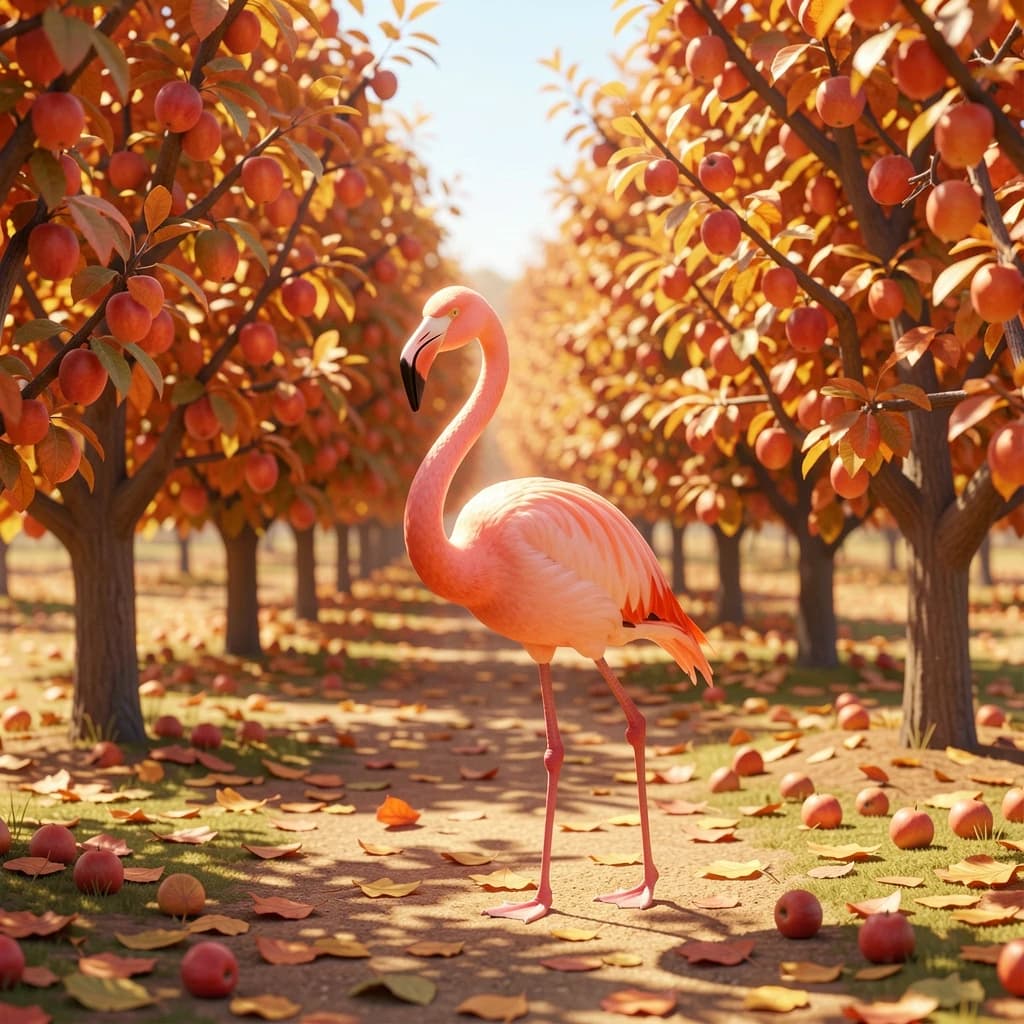 flamingo, autumn orchard, bright midday sun, telephoto compression, isometric 3D, subtle texture