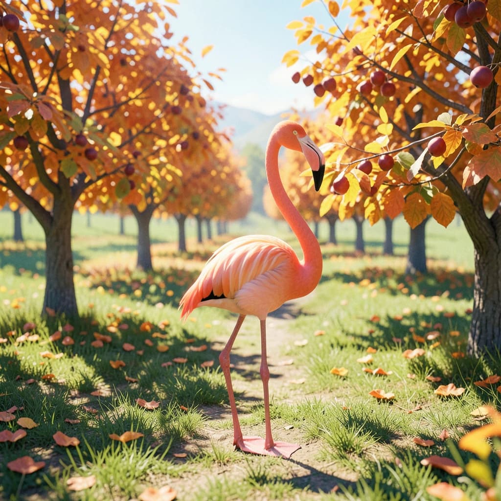 flamingo, autumn orchard, bright midday sun, telephoto compression, isometric 3D, subtle texture