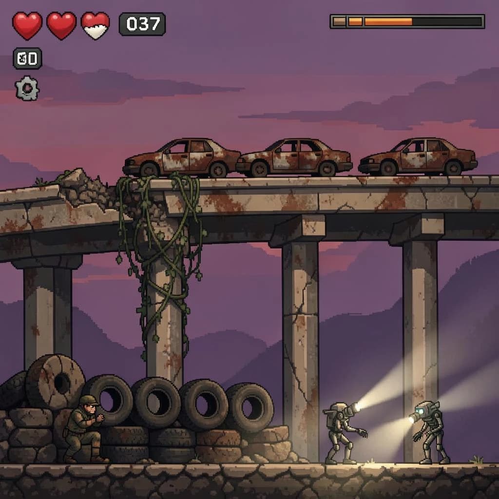 Side-scrolling pixel art screenshot from a post-apocalyptic survival platformer, dusk palette of rust and violet. A collapsed highway overpass cuts diagonally across the frame on four concrete support pillars, the second from the left snapped in half and wrapped in vines. On the deck above sit three burnt-out cars nose to tail, only the middle one still upright. Below, the player crouches behind a barricade of five stacked tires while two scavenger drones sweep flashlight cones in from the right. Top-left interface: three heart icons with the last half empty, a scrap counter reading "037", and a thin compass strip.