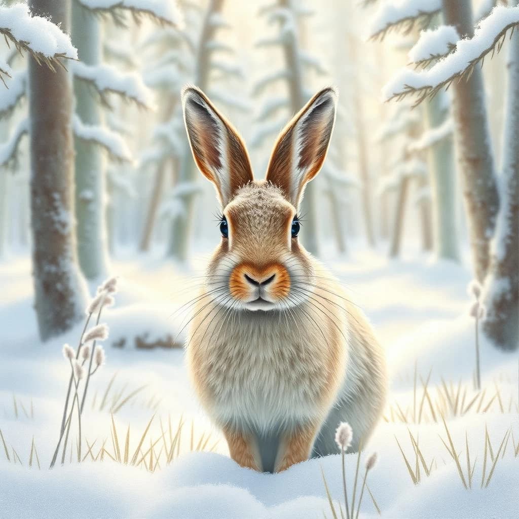 An arctic hare covered in morning dew in a snowy pine forest, in dappled afternoon light, symmetrical head-on framing, pastel drawing style.