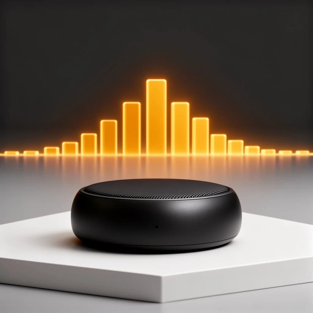 Cinematic 3D render of a matte black speaker puck on a white plinth, with a sound waveform behind it built from fourteen glowing amber bars in a gentle curve, the three tallest centred directly behind the puck and the bars shortening evenly toward both ends.