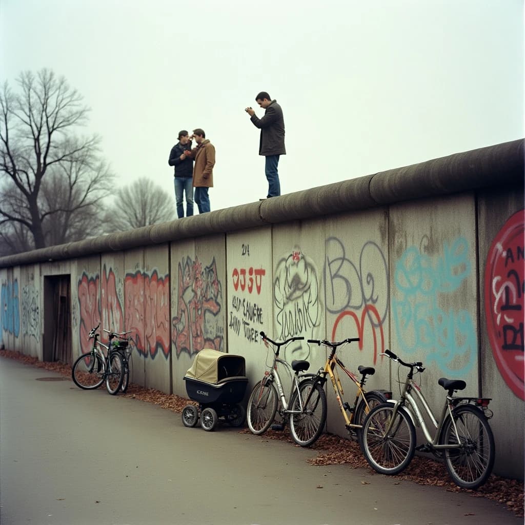 Shot on 1970s Kodachrome era color film, warm grain and slightly faded reds. A stretch of the Berlin Wall on a grey afternoon, covered in overlapping graffiti with one clean unpainted panel in the middle. Three people stand on a wooden viewing platform at the left, two of them looking over the top through binoculars while the third has turned back toward the camera with a cigarette. Four bicycles lean along the base of the wall, three upright and one fallen on its side. A pram is parked below the clean panel with a small bunch of tulips wedged into a crack above it. No cars in the frame.