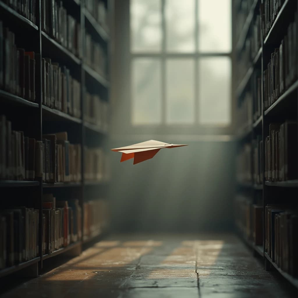 The quiet second when a paper airplane picks up a soft edge highlight, in a quiet library, after a light rain shower.