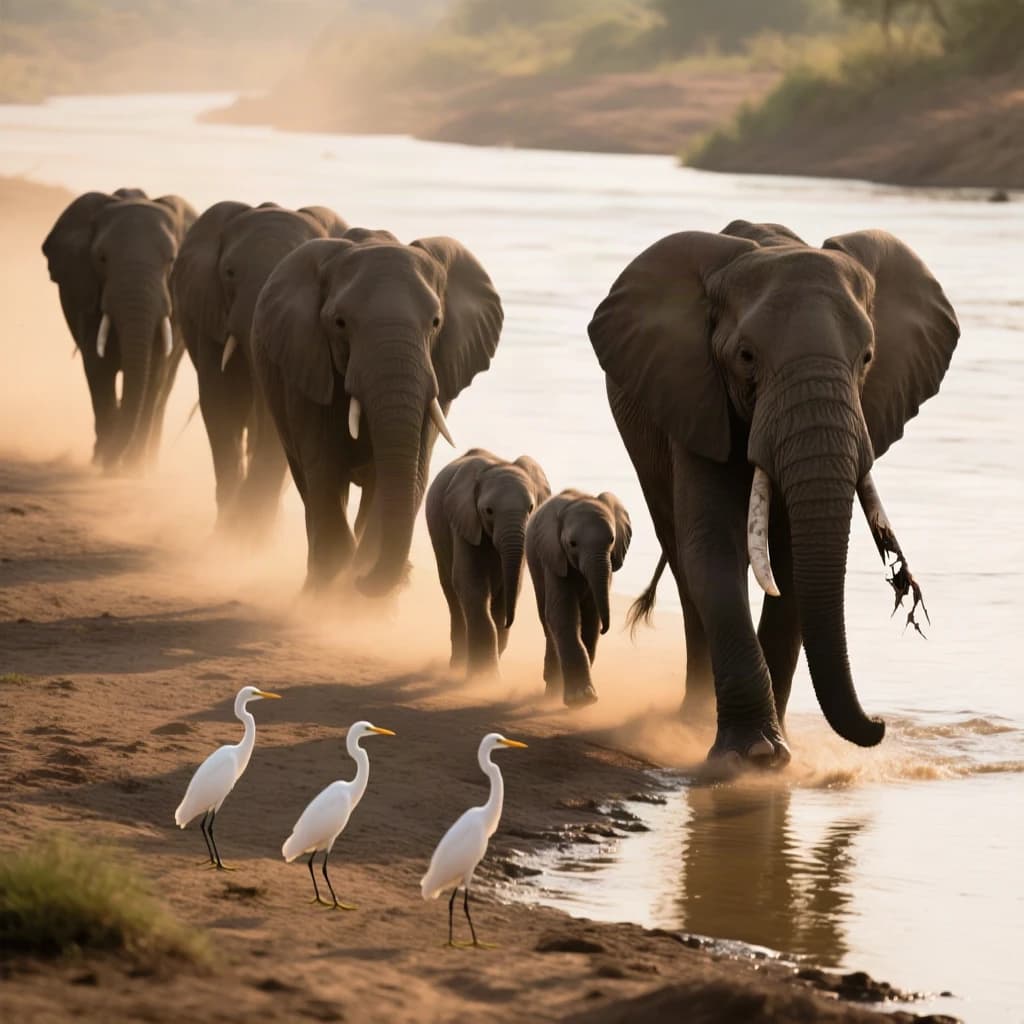 Wildlife photograph for a conservation campaign: a herd crossing a dusty riverbed in low sun. Seven elephants walking left to right, three adults flanking on the outside and two calves tucked between them, one adult trailing at the rear with a broken tusk, and the lead matriarch already up the far bank. Four egrets on the ground, only two of them near the calves. Long shadows, dust haze, nothing written in frame.