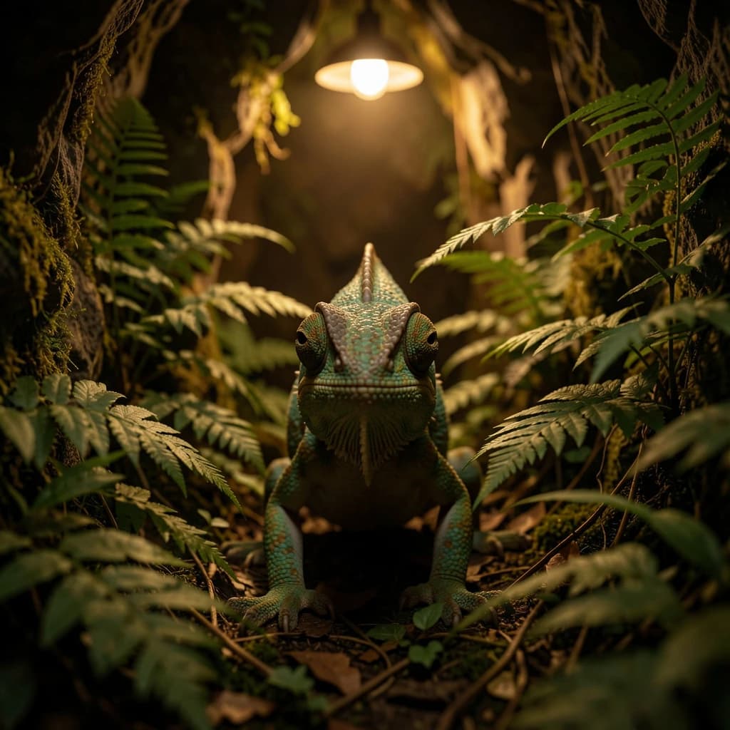 A chameleon half in shadow in a fern-filled ravine, under warm lamplight, symmetrical head-on framing, soft-focus portrait photography style.