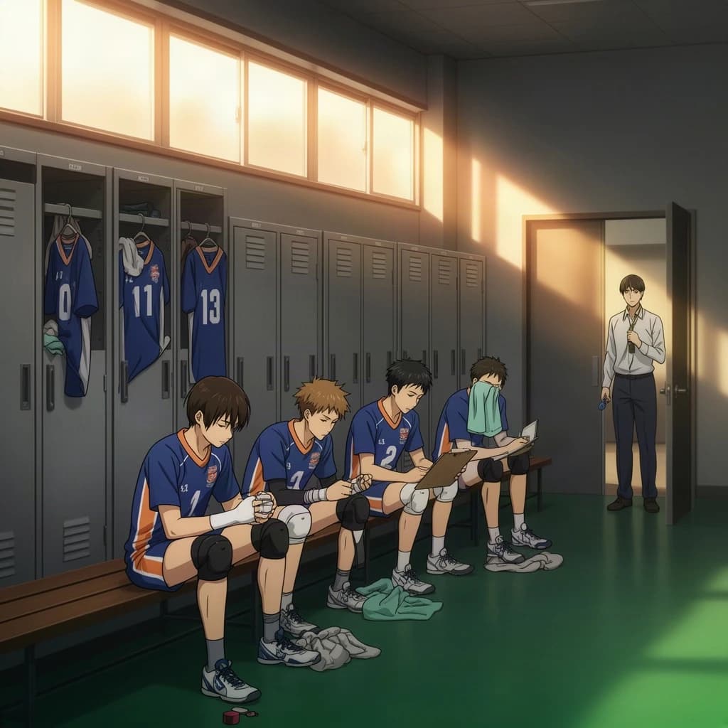 Modern anime interior for a high school volleyball series, wide view down a team locker room after practice. Eight lockers along the back wall in two banks of four, the three on the far left hanging open with jerseys spilling out and the rest shut. Four players occupy the foreground bench: the setter re-taping two fingers, the libero pulling on a knee sleeve, the captain reading a clipboard, and a first year asleep sitting upright with a towel over his face. A coach stands in the right doorway holding a whistle, half in shadow. Warm late-sun bars fall through high frosted windows, cel shading, clean bold linework.