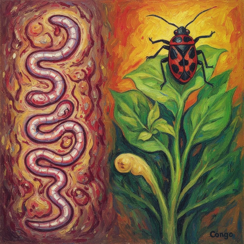 Tapeworm Infection and Plant Bug in Kinshasa, DR Congo in the style of expressionist