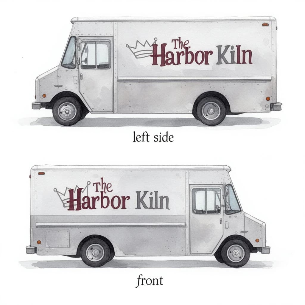 Watercolor of the same food truck drawn in two sides, captioned "left side" and "front", every side carrying the wordmark "The Harbor Kiln" with a simple crown outline beside it in the same maroon-and-gray coloring, only the side changing.