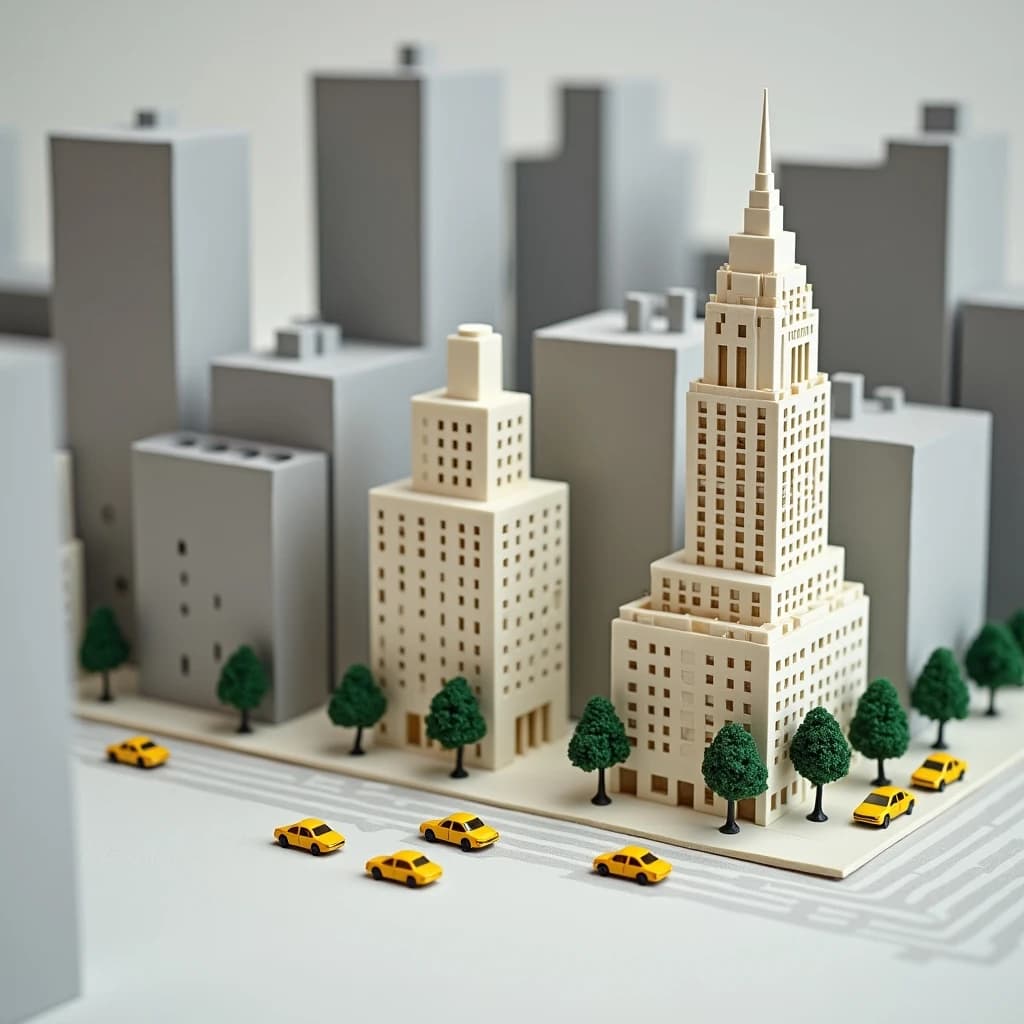 Tilt shift photograph of a hand built architectural scale model of a Midtown Manhattan block, studio lit from the upper left.
The Chrysler Building stands on the corner in polished silver card with its stepped crown and triangular windows. Directly across the street sits a proposed cream limestone tower, two floors shorter, topped by a stepped roof garden. Between them four smaller grey massing blocks in plain foam. Six tiny yellow cabs on the avenue, three stopped at the crossing and three queued behind, with a line of green model trees down the median.