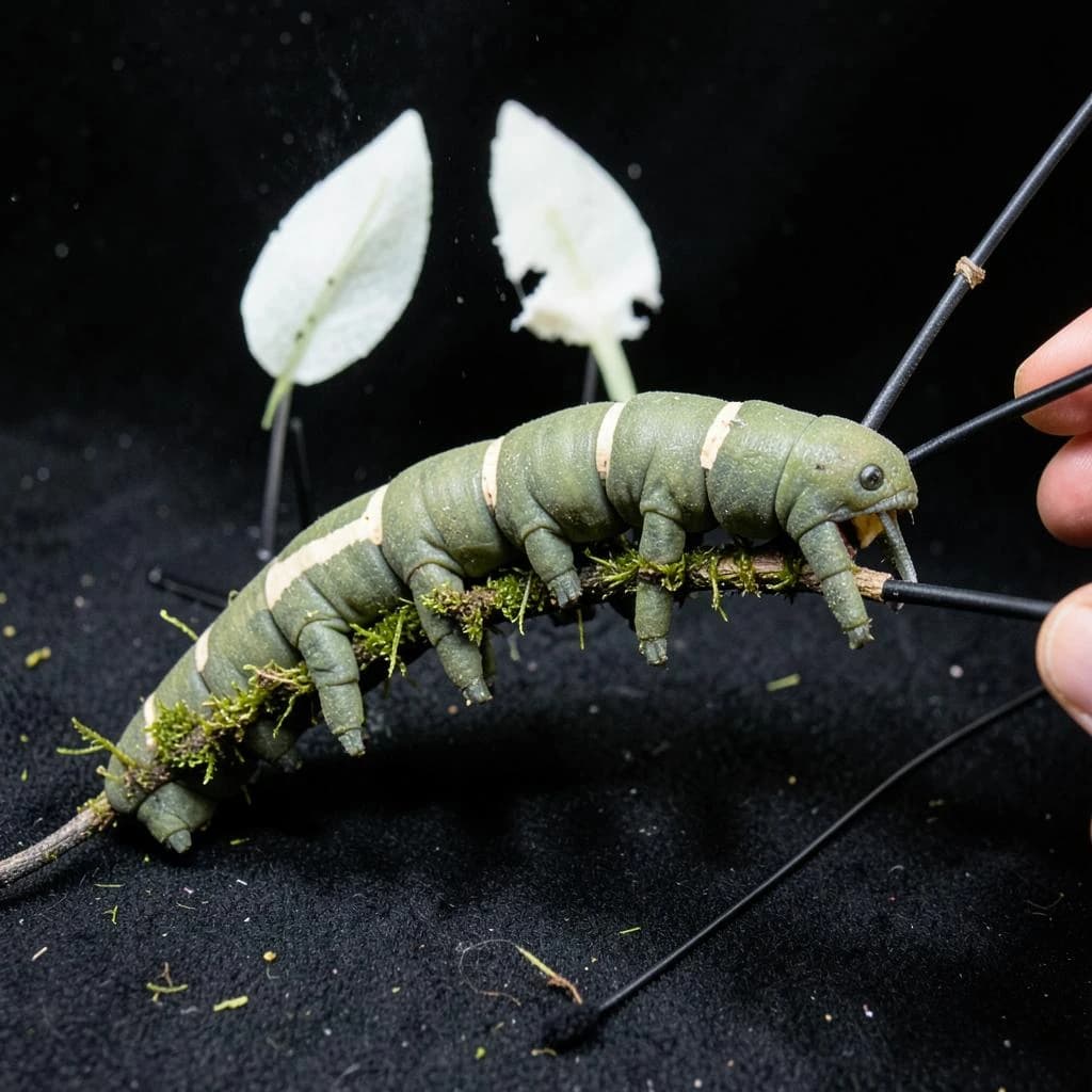 Macro photography of a practical effects test on a soundstage floor. A metre-long animatronic caterpillar puppet, dull green with a cream stripe, arched over a moss-covered branch: eight pairs of stubby legs, the front three pairs gripping the branch, the rest hanging free. Two thin black rods run out of frame to the right where a puppeteer's hands are just visible, and a third rod supports the head, which is turned toward camera with its mandibles open. Behind it, three sprayed foam leaves on stands, the middle one already chewed through. Hard key from above, black felt background, dust in the air.