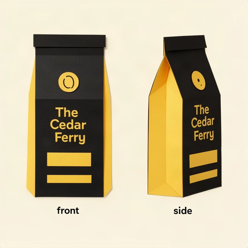 Cut-paper collage: one coffee bag in two views. The views are captioned "front" and "side" in that order. The wordmark "The Cedar Ferry" appears on every view. The black-and-yellow coloring is the same across every view, and only the angle changes.