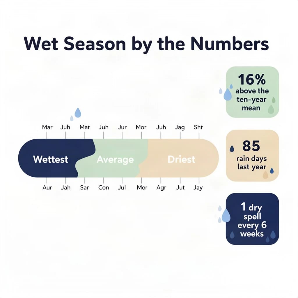 Flat vector illustration titled "Wet Season by the Numbers". A twelve-month rainfall timeline sits at the center, carrying three keyed regions, "Wettest" shaded dark blue, "Average" shaded pale green and "Driest" shaded sand. Three stat chips run down a right column, reading "16% above the ten-year mean", "85 rain days last year" and "1 dry spell every 6 weeks". Each key color matches the shading of the region it names.