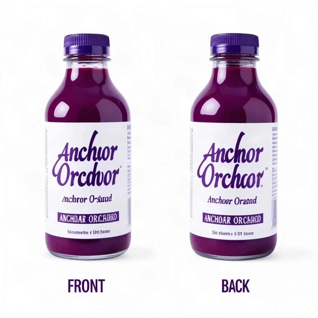 Printed poster: one hot-sauce bottle in two views. The views are captioned "front" and "back" in that order. The wordmark "Anchor Orchard" appears on every view. The purple-and-white coloring is the same across every view, and only the angle changes.