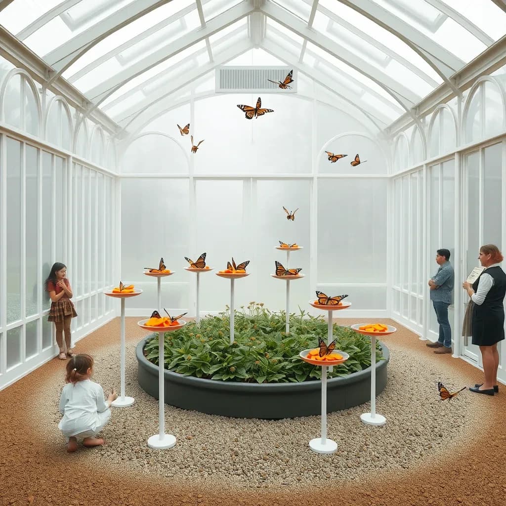 Interior render of a glasshouse butterfly conservatory, white cast iron arches and misted glass, humid morning light.
A raised planting bed spirals through the centre with a gravel path running around it. Five feeding stations on slim posts stand along the path, each holding a shallow dish of orange slices: monarch butterflies cluster on three of the dishes while two are untouched. Seven more monarchs rest on the milkweed in the bed and two are in flight above the path. Three visitors in the room, a child crouching at the nearest feeding station, an adult behind her pointing upward, and a guide standing at the far end beside an information board. Fine mist drifting near the roof vents. Physically based render.