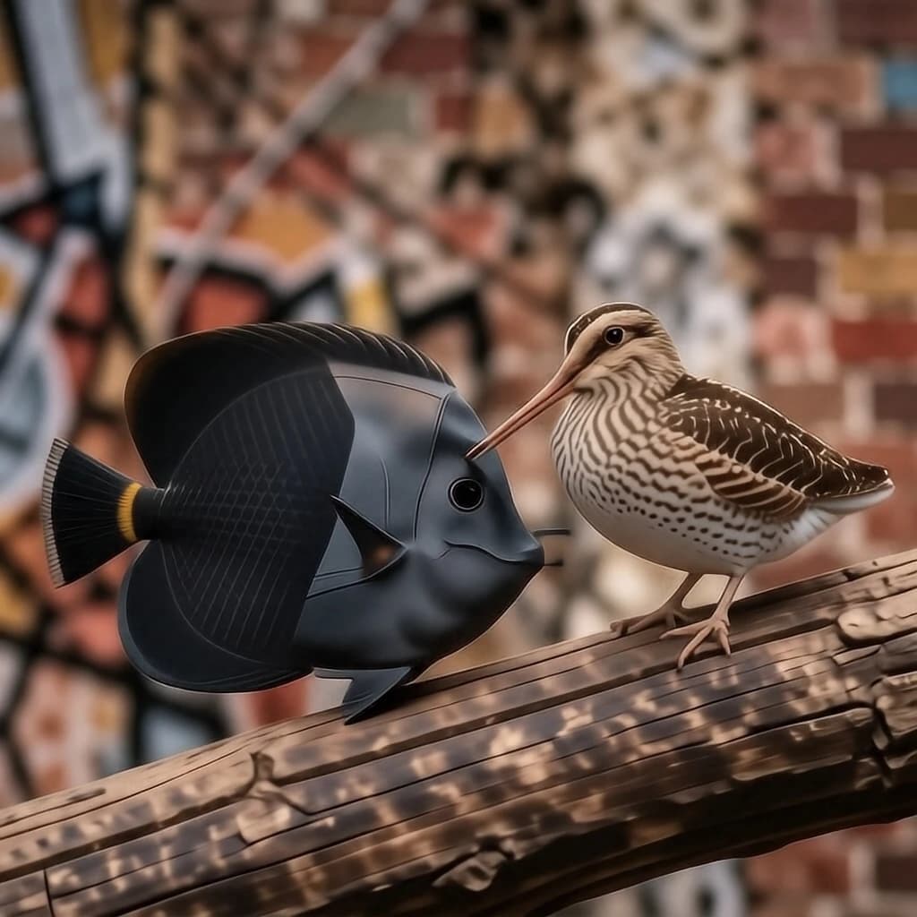 Black Rudderfish and Woodcock Snipe in Bucharest, Romania in the style of pop art