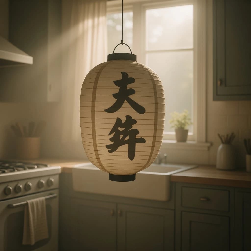 The still point when a paper lantern reads as a single dark silhouette, in a sunlit kitchen, under soft morning light.