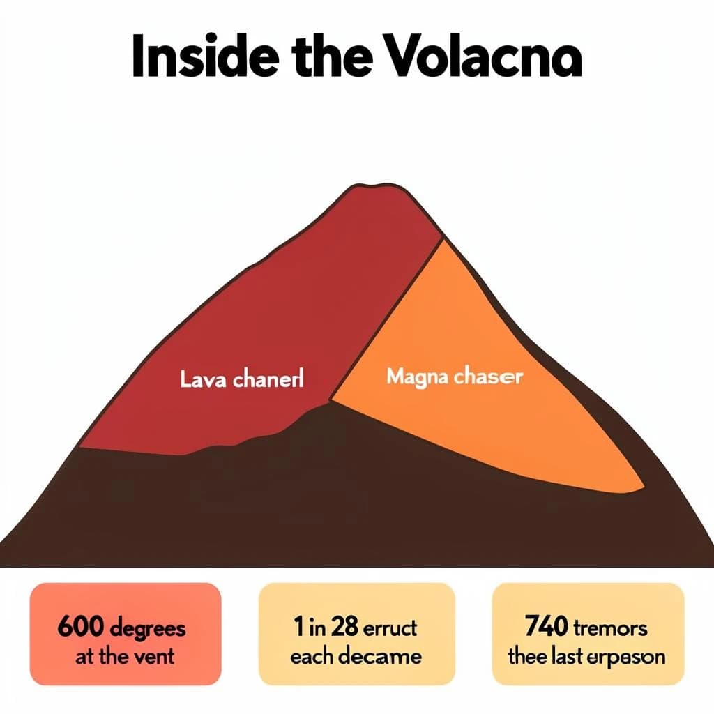 Flat infographic titled "Inside the Volcano". A simplified hazard map of the slopes sits at the center, carrying two keyed regions, "Lava channel" shaded red and "Magma chamber" shaded orange. Three stat chips run down a bottom row, reading "600 degrees at the vent", "1 in 28 erupt each decade" and "760 tremors before the last eruption". Each key color matches the shading of the region it names.