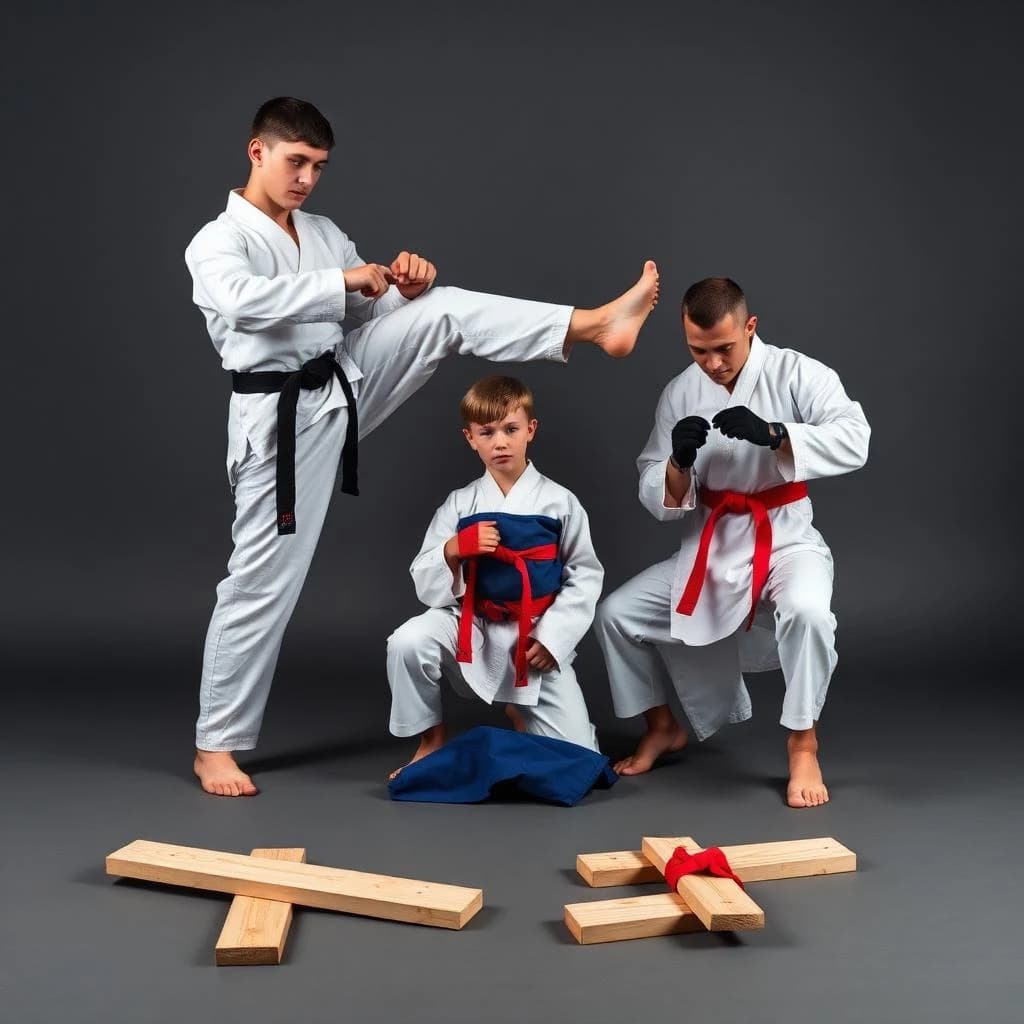 Studio photography, stunt and costume reference on a seamless charcoal backdrop, one hard key from camera left. Three taekwondo athletes in a tight diagonal: the tallest, in a white uniform with a black belt, holds a side kick frozen at chest height; the shortest, in navy with a red belt, ducks under it with both palms flat on the floor; the third kneels behind them fastening a blue chest guard onto a folded uniform. Two snapped pine boards lie at the front edge of the frame, a third board still whole in a holder's gloved hands.