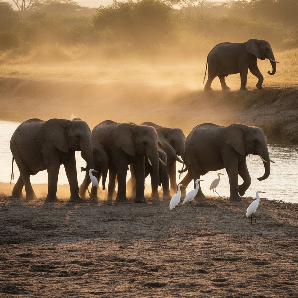 Wildlife photograph for a conservation campaign: a herd crossing a dusty riverbed in low sun. Seven elephants walking left to right, three adults flanking on the outside and two calves tucked between them, one adult trailing at the rear with a broken tusk, and the lead matriarch already up the far bank. Four egrets on the ground, only two of them near the calves. Long shadows, dust haze, nothing written in frame.