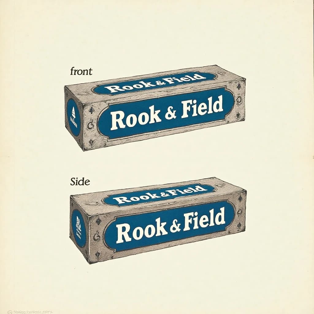 Printed poster of the same board-game box drawn in two views, captioned "front" and "side", every view carrying the wordmark "Rook & Field" with a single leaf mark beside it in the same blue-and-silver coloring, only the angle changing.