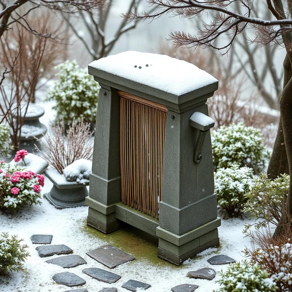 A weaver stone-still in a botanical garden, in gentle snowfall, centered full-body framing, isometric 3D style.