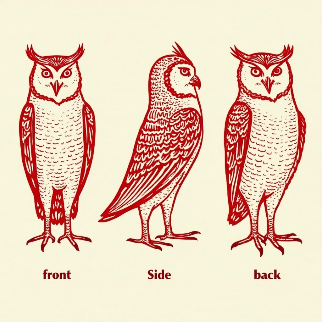 Linocut print: one bookstore owl mascot in three views. The views are captioned "front", "side" and "back" in that order. The wordmark "Hollow Crest" appears on every view with a small anchor mark beside it. The red-and-cream coloring is the same across every view, and only the angle changes.