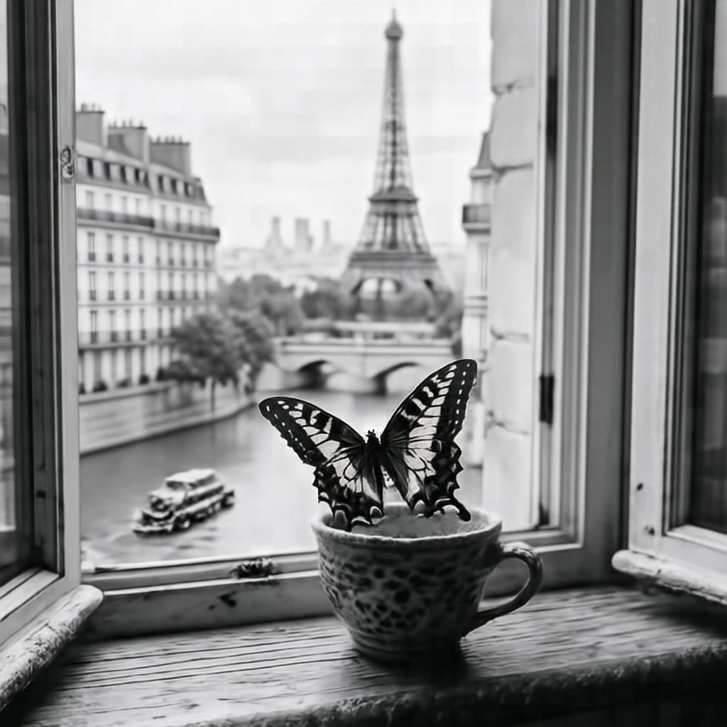 Nestling and Butterfly in Paris, France in the style of black and white