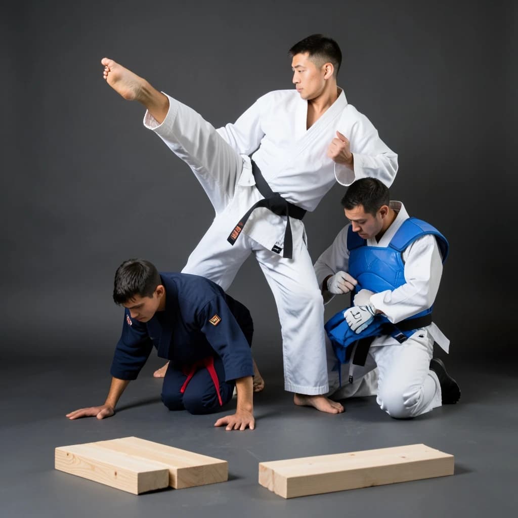 Studio photography, stunt and costume reference on a seamless charcoal backdrop, one hard key from camera left. Three taekwondo athletes in a tight diagonal: the tallest, in a white uniform with a black belt, holds a side kick frozen at chest height; the shortest, in navy with a red belt, ducks under it with both palms flat on the floor; the third kneels behind them fastening a blue chest guard onto a folded uniform. Two snapped pine boards lie at the front edge of the frame, a third board still whole in a holder's gloved hands.