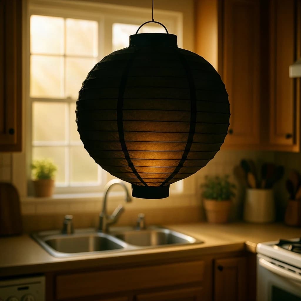 The still point when a paper lantern reads as a single dark silhouette, in a sunlit kitchen, under soft morning light.