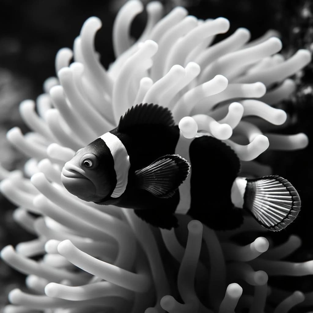 Greenling and Clown Anemone Fish in Bucharest, Romania in the style of black and white
