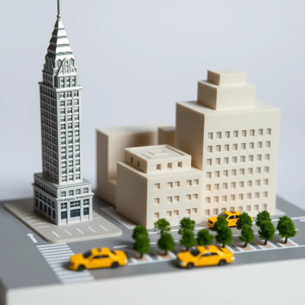 Tilt shift photograph of a hand built architectural scale model of a Midtown Manhattan block, studio lit from the upper left.
The Chrysler Building stands on the corner in polished silver card with its stepped crown and triangular windows. Directly across the street sits a proposed cream limestone tower, two floors shorter, topped by a stepped roof garden. Between them four smaller grey massing blocks in plain foam. Six tiny yellow cabs on the avenue, three stopped at the crossing and three queued behind, with a line of green model trees down the median.