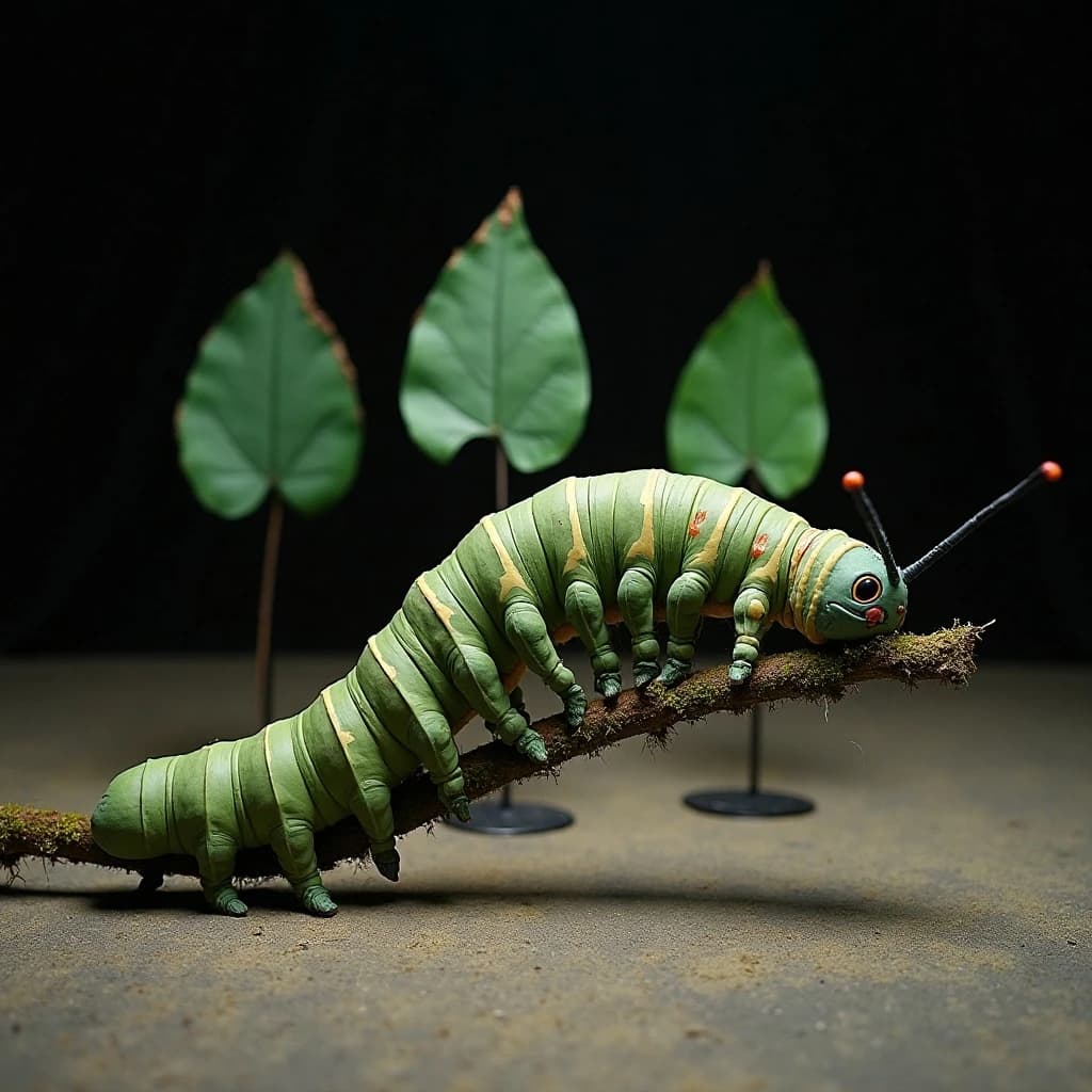Macro photography of a practical effects test on a soundstage floor. A metre-long animatronic caterpillar puppet, dull green with a cream stripe, arched over a moss-covered branch: eight pairs of stubby legs, the front three pairs gripping the branch, the rest hanging free. Two thin black rods run out of frame to the right where a puppeteer's hands are just visible, and a third rod supports the head, which is turned toward camera with its mandibles open. Behind it, three sprayed foam leaves on stands, the middle one already chewed through. Hard key from above, black felt background, dust in the air.