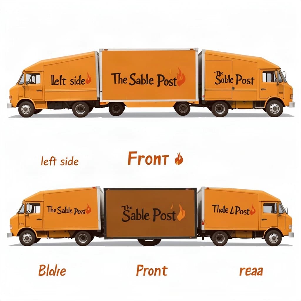 Printed poster: one food truck in three sides. The sides are captioned "left side", "front" and "rear" in that order. The wordmark "The Sable Post" appears on every side with a small flame icon beside it. The orange-and-brown coloring is the same across every side, and only the side changes.