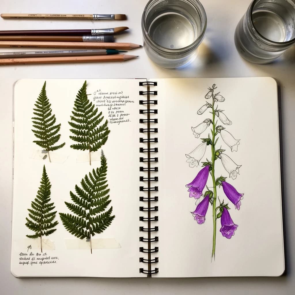 An open spiral notebook shot from directly above, its pages filled with careful botanical illustration in ink and watercolor. On the left page, three pressed fern fronds taped down with handwritten notes beside each one. On the right page, a half-finished study of a foxglove stalk carrying five bells, the bottom two painted purple and the top three still bare outlines. A brush, two pencils and a jar of water sit above the notebook, and the wire spiral throws a shadow into the gutter.