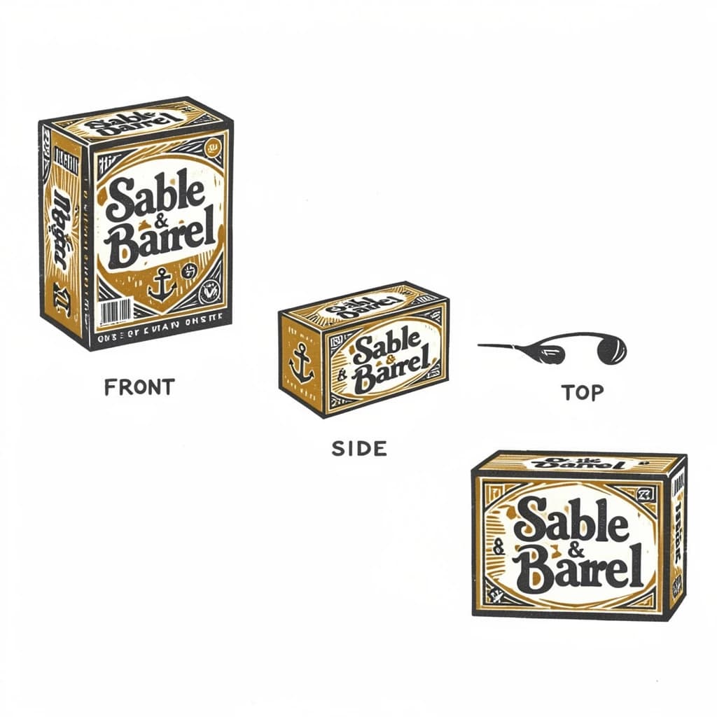 Linocut print: one board-game box in three views. The views are captioned "front", "side" and "top" in that order. The wordmark "Sable & Barrel" appears on every view with a small anchor mark beside it. The mustard-and-charcoal coloring is the same across every view, and only the angle changes.