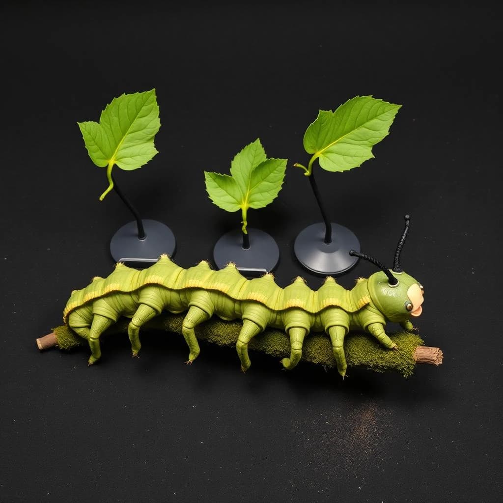 Macro photography of a practical effects test on a soundstage floor. A metre-long animatronic caterpillar puppet, dull green with a cream stripe, arched over a moss-covered branch: eight pairs of stubby legs, the front three pairs gripping the branch, the rest hanging free. Two thin black rods run out of frame to the right where a puppeteer's hands are just visible, and a third rod supports the head, which is turned toward camera with its mandibles open. Behind it, three sprayed foam leaves on stands, the middle one already chewed through. Hard key from above, black felt background, dust in the air.