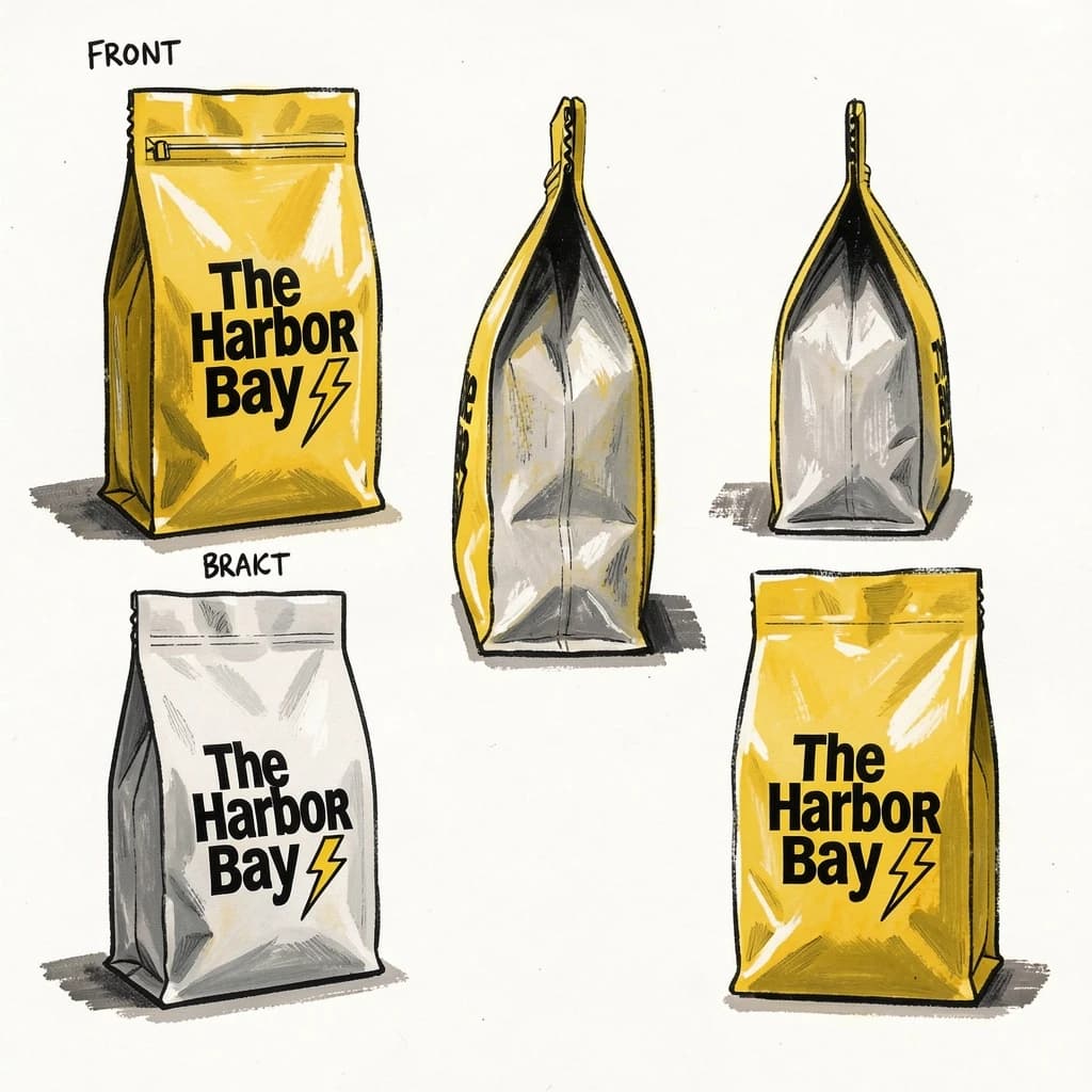 Gouache painting of the same coffee bag drawn in three views, captioned "front", "side" and "back", every view carrying the wordmark "The Harbor Bay" with a lightning-bolt symbol beside it in the same black-and-yellow coloring, only the angle changing.