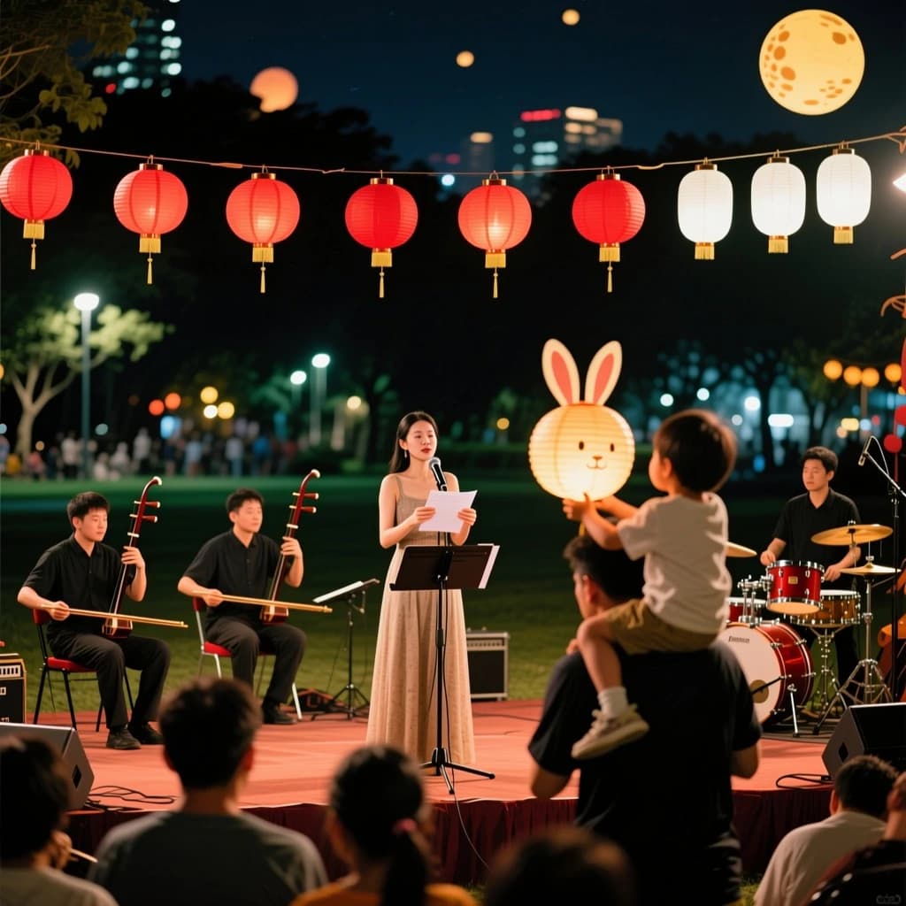Concert photography, a Mid-Autumn Festival night in a Hong Kong park, shot from inside the crowd toward a low stage lit by warm floods. A singer at the centre microphone holds a note with both hands off the stand; on her left two erhu players sit side by side, on her right a single drummer stands. Eleven paper lanterns hang above the stage, the seven red ones strung in a line and the four white ones clustered at the right end. In the near foreground, out of focus, a child on a father's shoulders holds a rabbit lantern.