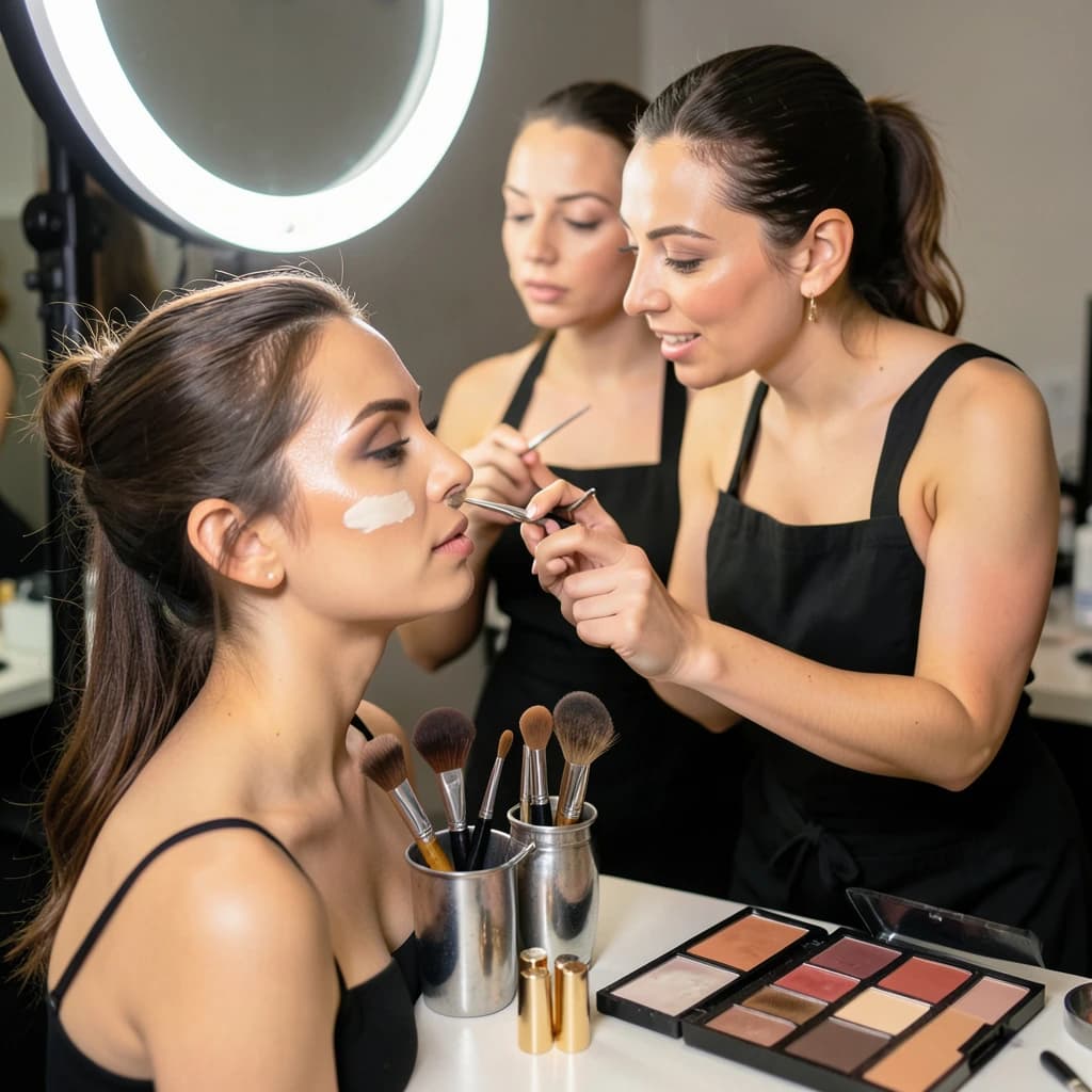 Fashion photograph at a backstage vanity lit by a ring light. A makeup artist in a black apron leans in from the right and blends cream blush into a seated model's cheekbone with her fingers, while a second artist standing behind them holds a lash tray in one hand and tweezers in the other, mid pick. On the counter between them: six brushes standing bristle up in a metal cup, three lipstick bullets lying in a row with their caps off beside them, and one open palette showing two used shades and four untouched. Warm skin tones, glossy highlights, shallow depth of field.