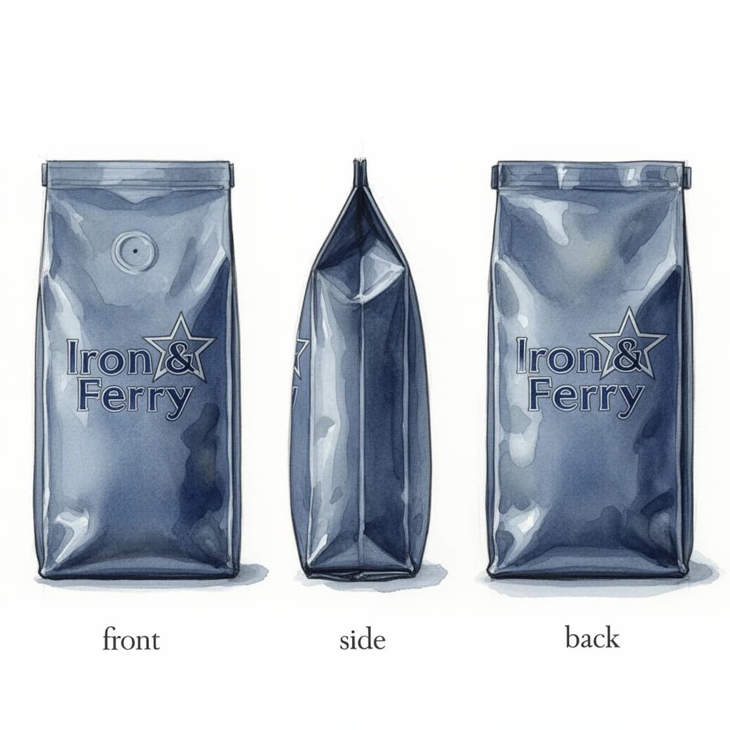 Watercolor of the same coffee bag drawn in three views, captioned "front", "side" and "back", every view carrying the wordmark "Iron & Ferry" with a five-point star outline beside it in the same blue-and-silver coloring, only the angle changing.