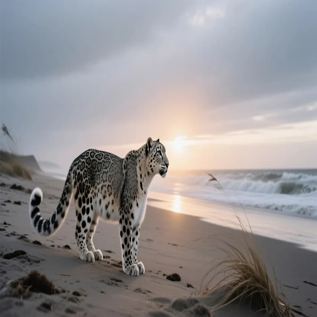 The pause when a snow leopard meets a low band of sun, on a windswept beach, under an overcast sky.