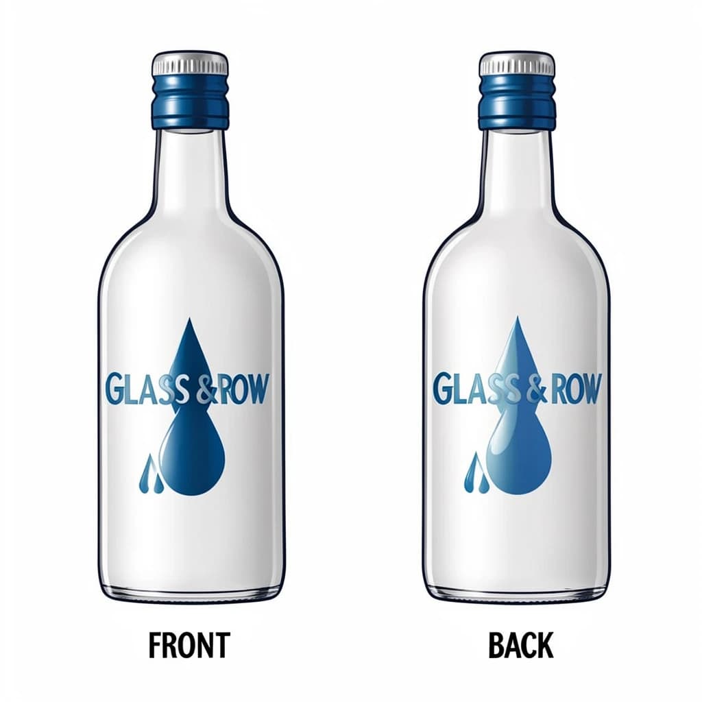 Printed poster of the same hot-sauce bottle drawn in two views, captioned "front" and "back", every view carrying the wordmark "Glass & Row" with a single droplet symbol beside it in the same blue-and-silver coloring, only the angle changing.