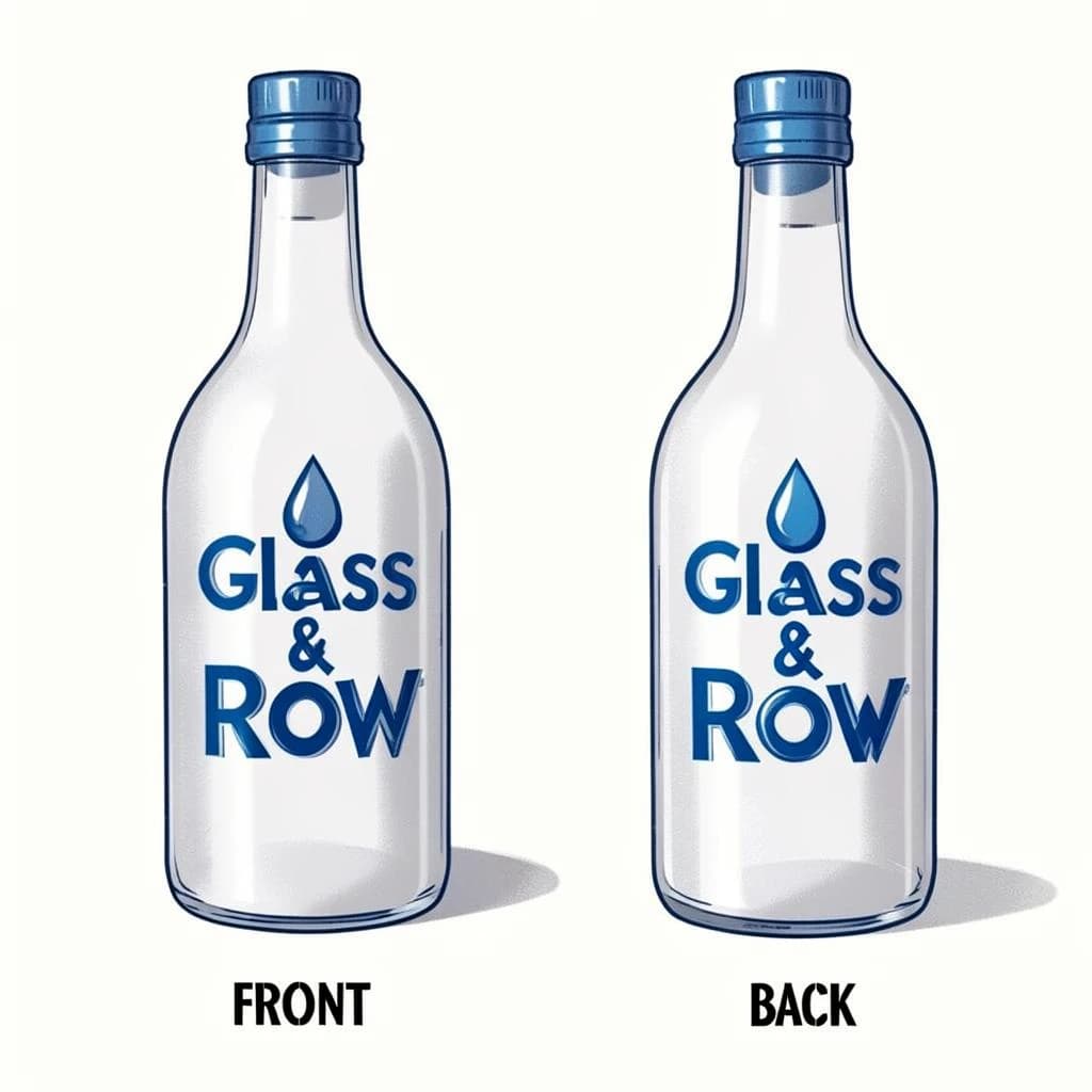Printed poster of the same hot-sauce bottle drawn in two views, captioned "front" and "back", every view carrying the wordmark "Glass & Row" with a single droplet symbol beside it in the same blue-and-silver coloring, only the angle changing.