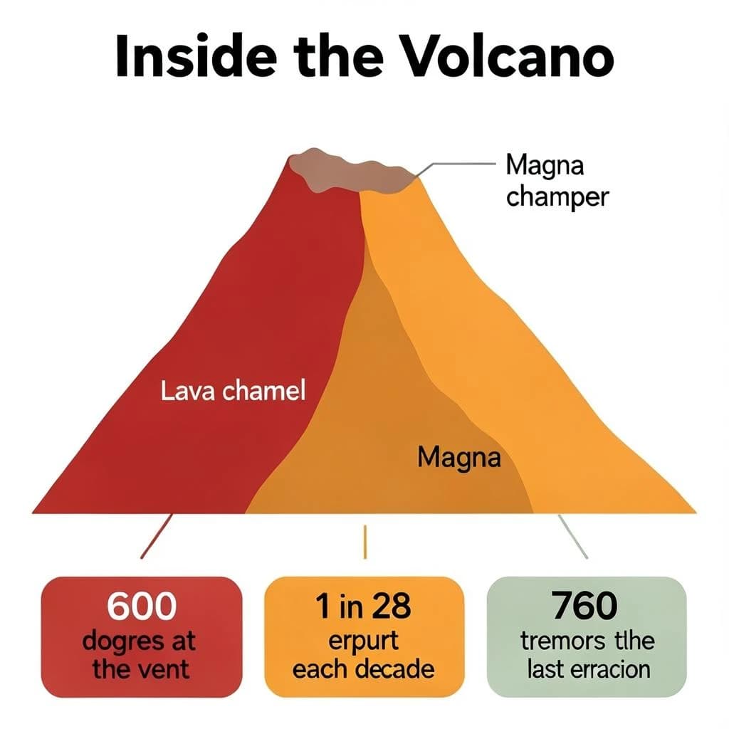 Flat infographic titled "Inside the Volcano". A simplified hazard map of the slopes sits at the center, carrying two keyed regions, "Lava channel" shaded red and "Magma chamber" shaded orange. Three stat chips run down a bottom row, reading "600 degrees at the vent", "1 in 28 erupt each decade" and "760 tremors before the last eruption". Each key color matches the shading of the region it names.