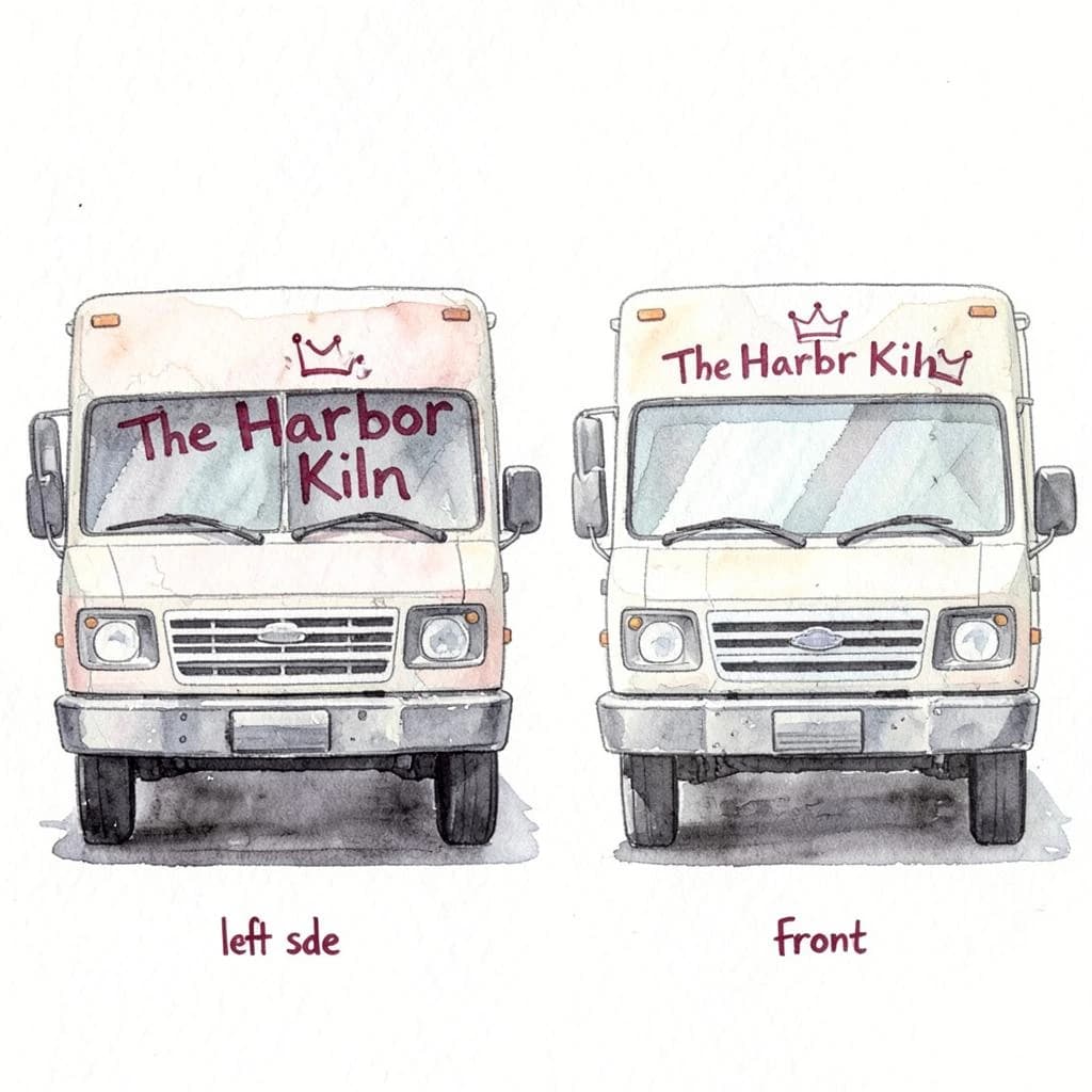 Watercolor of the same food truck drawn in two sides, captioned "left side" and "front", every side carrying the wordmark "The Harbor Kiln" with a simple crown outline beside it in the same maroon-and-gray coloring, only the side changing.