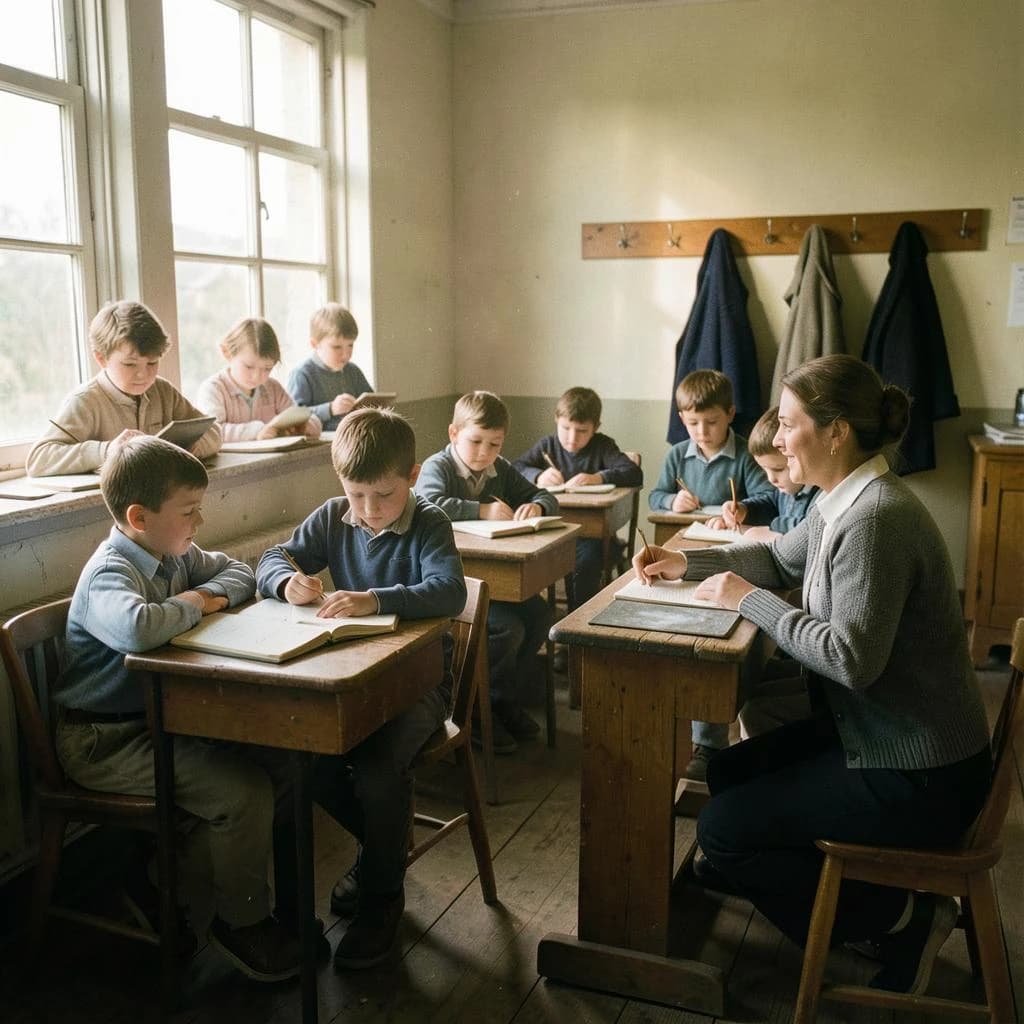 Documentary photograph inside a 1961 rural schoolhouse, late afternoon sun through tall windows. Twelve pupils at six shared wooden desks, two to a desk: the four in the window row copy from slates, the four in the middle row have open exercise books, the four along the back wall are turned around watching. The teacher, a woman in a grey cardigan with chalk dust on her sleeve, kneels beside the desk nearest the door, one hand steadying a boy's pencil. Four wall hooks behind her hold three coats, the middle hook bare. Warm dust in the light, fine grain, nobody posing.