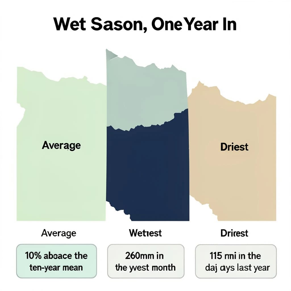 Flat vector illustration titled "Wet Season, One Year In". A twelve-month rainfall timeline sits at the center, carrying three keyed regions, "Average" shaded pale green, "Wettest" shaded dark blue and "Driest" shaded sand. Three stat chips run down a bottom row, reading "10% above the ten-year mean", "260mm in the wettest month" and "115 rain days last year". Each key color matches the shading of the region it names.