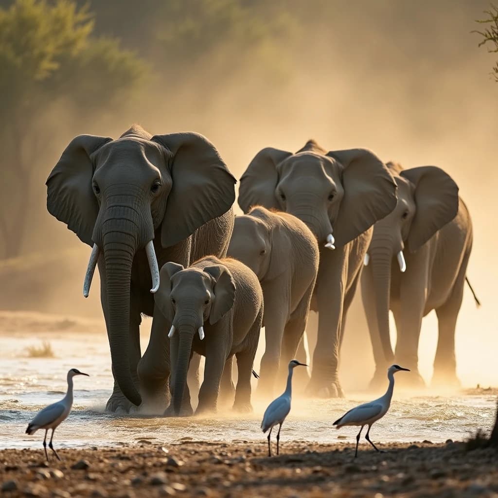 Wildlife photograph for a conservation campaign: a herd crossing a dusty riverbed in low sun. Seven elephants walking left to right, three adults flanking on the outside and two calves tucked between them, one adult trailing at the rear with a broken tusk, and the lead matriarch already up the far bank. Four egrets on the ground, only two of them near the calves. Long shadows, dust haze, nothing written in frame.