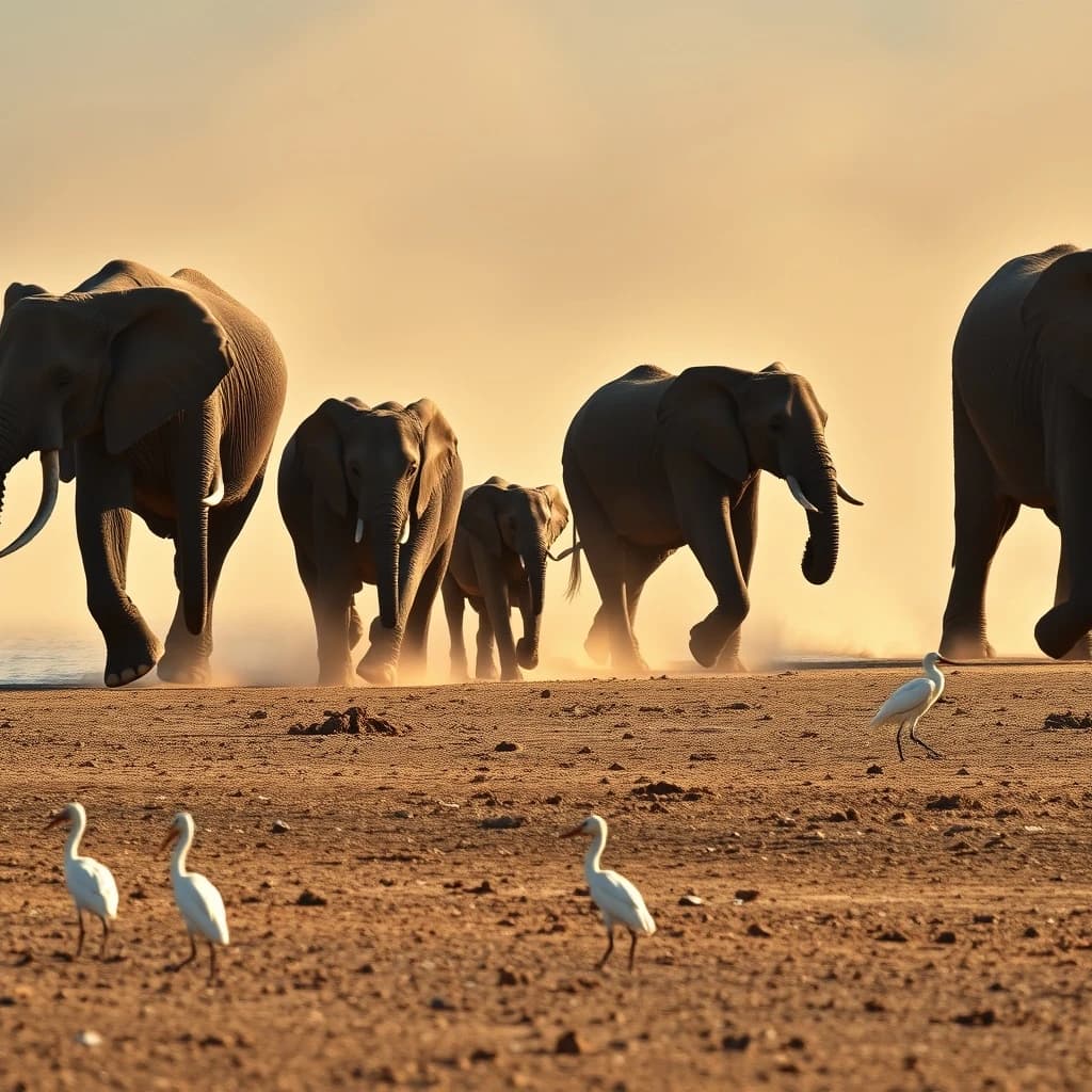 Wildlife photograph for a conservation campaign: a herd crossing a dusty riverbed in low sun. Seven elephants walking left to right, three adults flanking on the outside and two calves tucked between them, one adult trailing at the rear with a broken tusk, and the lead matriarch already up the far bank. Four egrets on the ground, only two of them near the calves. Long shadows, dust haze, nothing written in frame.
