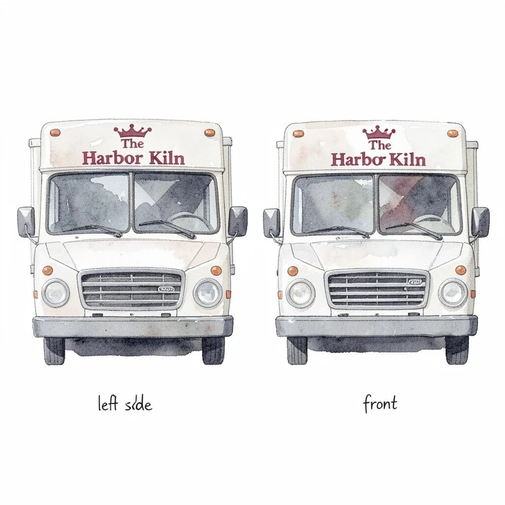 Watercolor of the same food truck drawn in two sides, captioned "left side" and "front", every side carrying the wordmark "The Harbor Kiln" with a simple crown outline beside it in the same maroon-and-gray coloring, only the side changing.